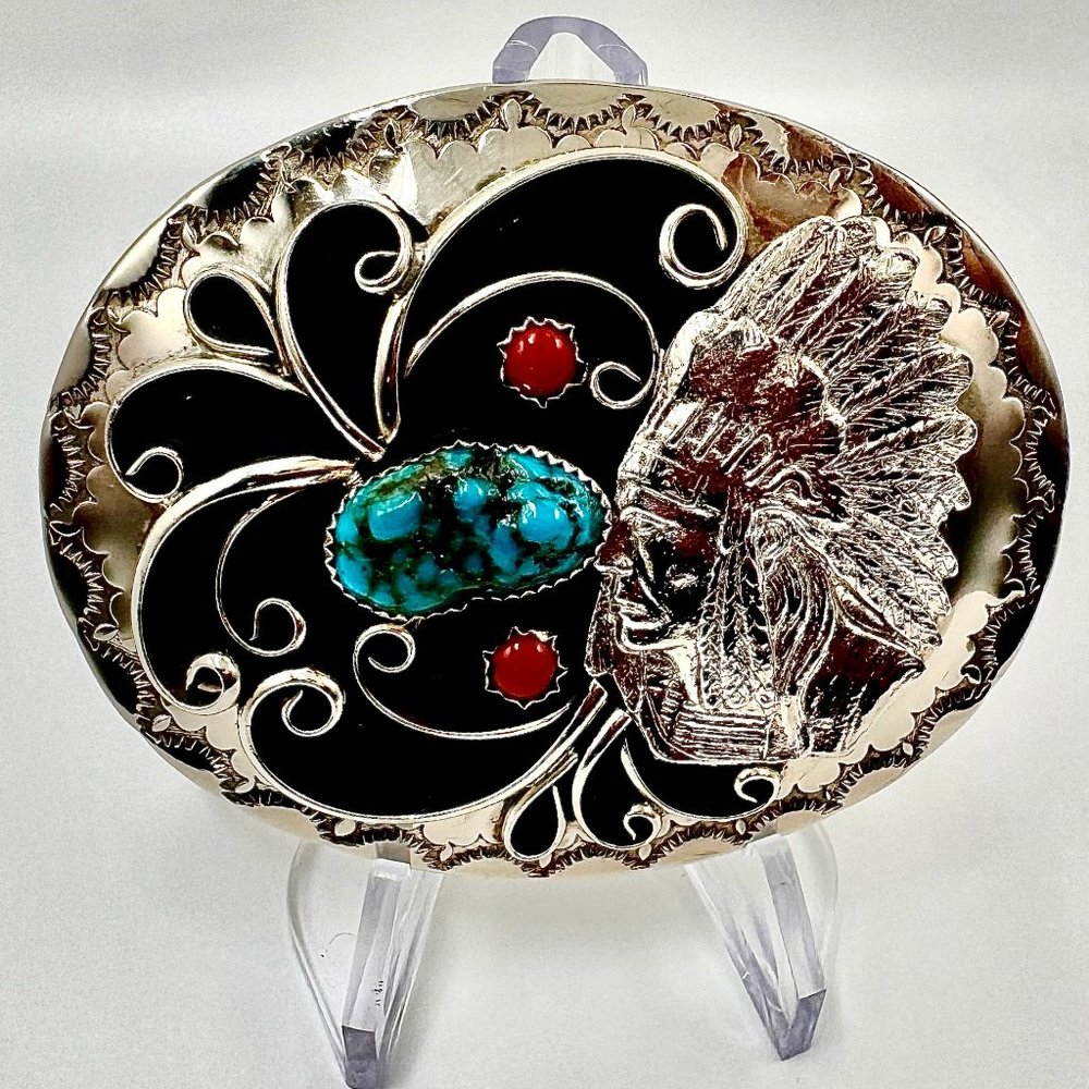 Vintage Handmade Navajo Belt Buckle Buffalo Nic Silver Turquoise Chief Men Women